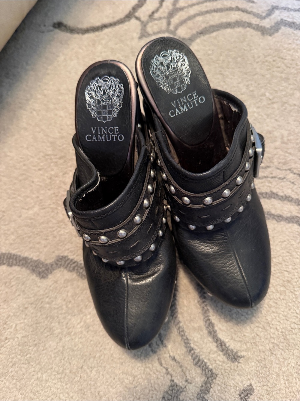 8.5 Vince Camuto Black BIKER Leather Studded Slip-On wooden Mules
